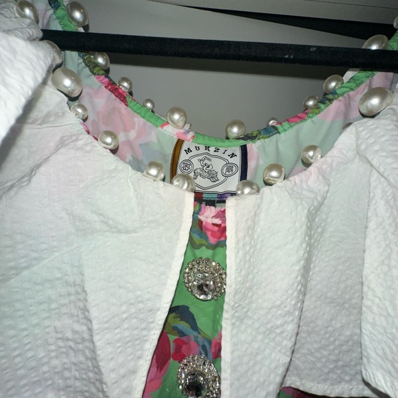 Mukzin Floral Puff Sleeve Dress with Ruffle Collar and pearls - Picture 7 of 8